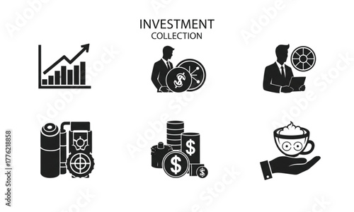 Set of six black glyph icons representing concepts of business investment and financial growth.