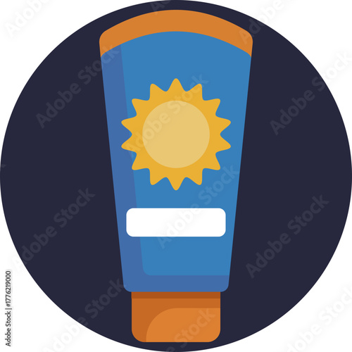 A simple bottle with a sun symbol on the label, representing sunscreen used for skin protection at the water park.