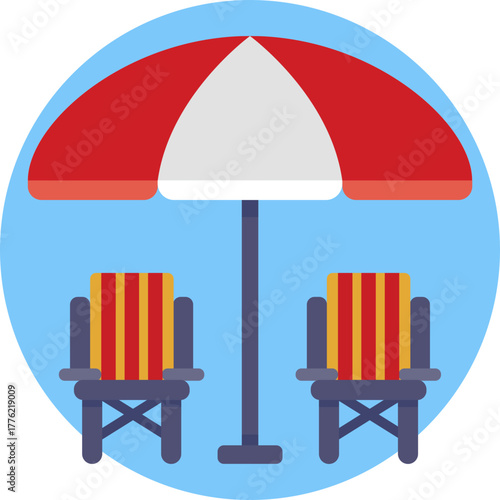 A colorful sun umbrella providing shade for visitors relaxing by the pool.