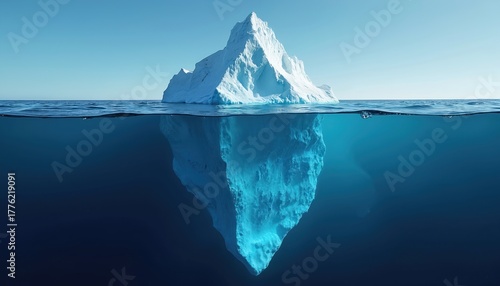 Large white iceberg floats in clear blue ocean water. Immense body mostly hidden under sea surface. Small, visible ice peak seen above. Image hidden potential, unseen effort, concept of deep,
