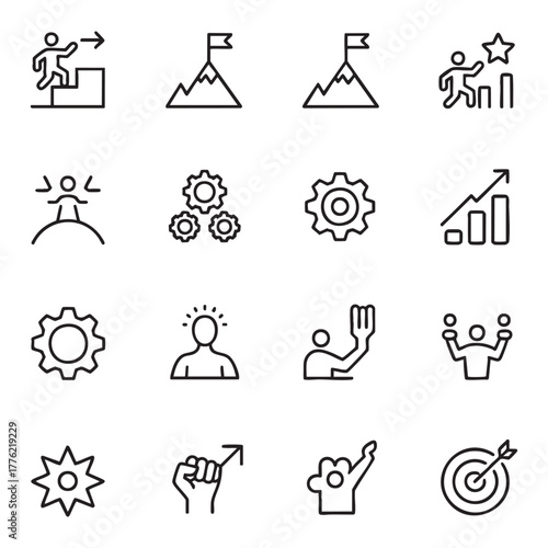 Collection of black line art icons representing success goals and achievements business