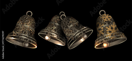 Merry Christmas. A set of golden, exquisite textured bells.