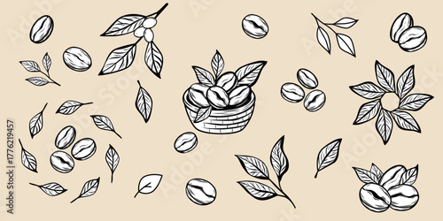 Minimalist coffee and tea line art banner with cups, beans, mugs, and leaves on beige background. Perfect for cafe branding, packaging, and menu design.