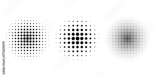 Set of halftone dots gradient pattern texture isolated on white background. Straight dotted spots using halftone circle dot raster texture. Vector blot half tone collection.
