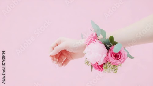 Elegant wrist corsage display on soft pink background: a delicate floral arrangement showcase