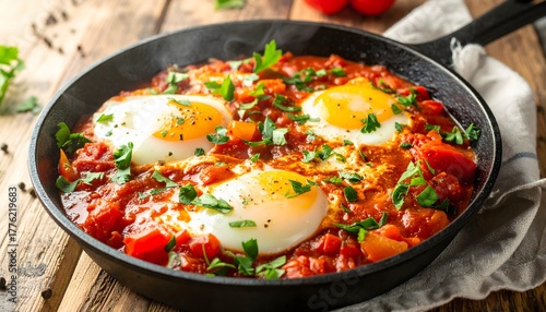 Mediterranean shakshuka simmering in a cast-iron pan with herbs.