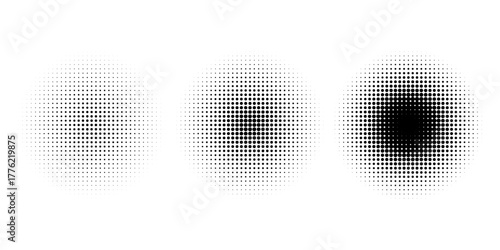 Set of halftone dots gradient pattern texture isolated on white background. Straight dotted spots using halftone circle dot raster texture. Vector blot half tone collection.