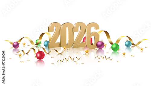 3d realistic vector illustration. Golden 2026 new year and Christmas numbers with confetti and decorative balls with stars on white background.