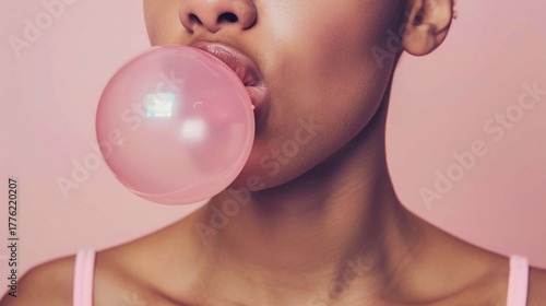 An young woman chewing bubblegum, blowing a bubble against a light pink background