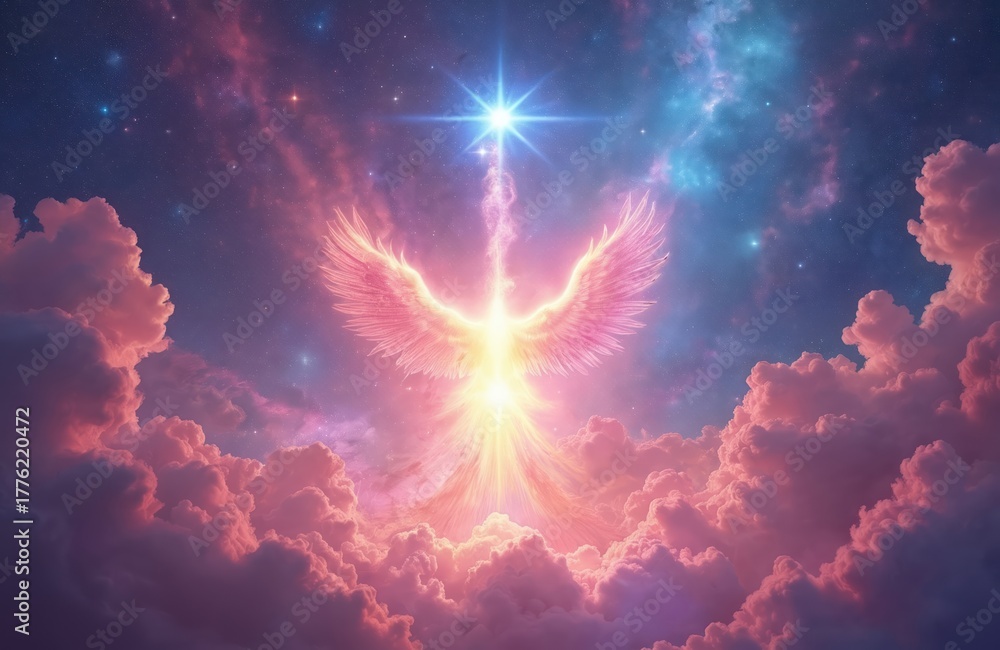 Fototapeta premium Illustration presents a divine angel with wings against a cosmic backdrop. Pink clouds surround celestial figure. Bright star shines above spiritual scene evoking magic.