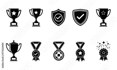 Set of flat vector glyph icons representing achievement, victory, and quality. Includes trophy cups, champion medals, and guarantee shields
