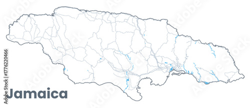 Detailed Vector map of Jamaica - an island country in the Caribbean - Urban borders map. Light stroke poster with streets.