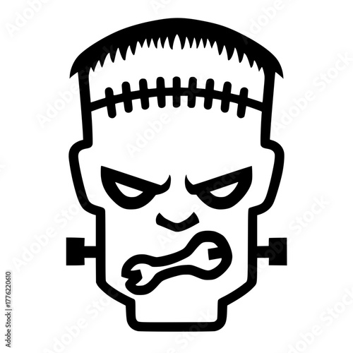 Angry Frankenstein Monster Head Icon with Stitches and Neck Bolts Biting a Wrench
