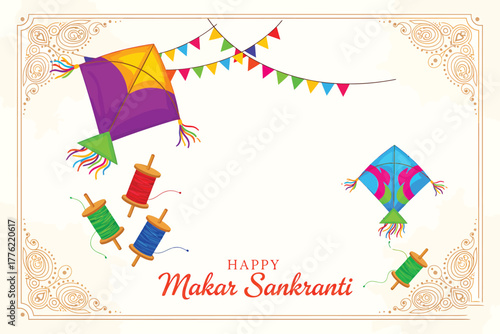Colorful kites and manjha spools on makar sankranti festival background with decorative frame, bunting flags, and text illustration
