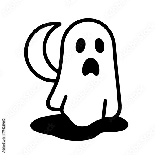 Cute Cartoon Ghost Character with Crescent Moon Silhouette
