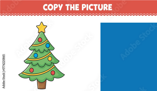 Educational children's activity worksheet titled "COPY THE PICTURE" featuring a cartoon Christmas tree drawing task.