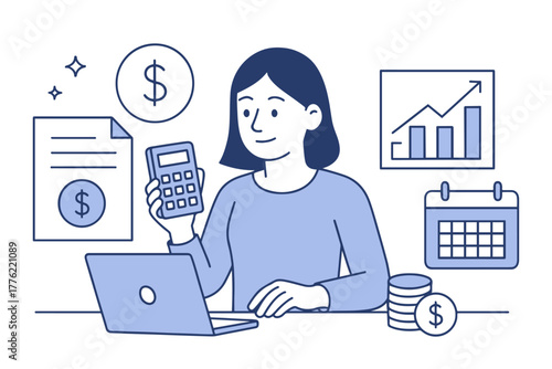 Woman Calculating Finances with Laptop and Growth Chart in Office
