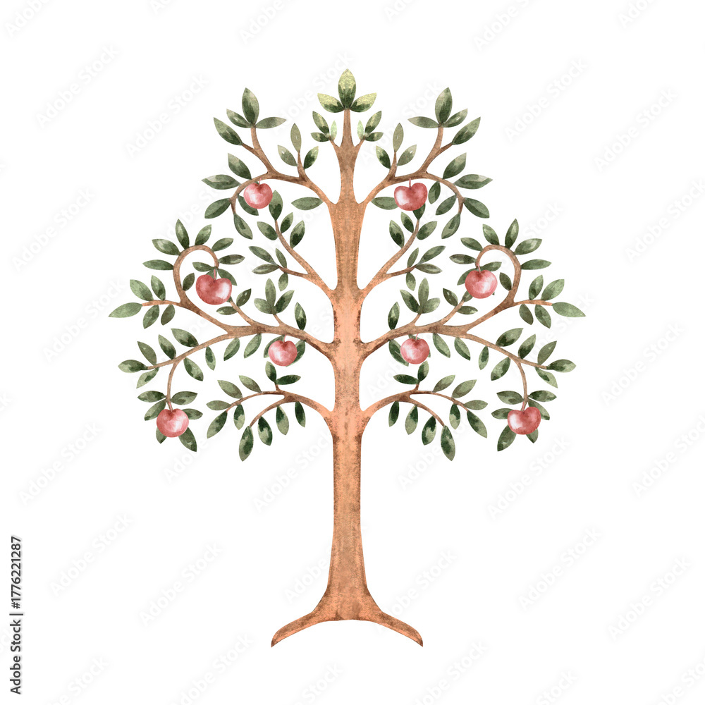 Fototapeta premium A stylized tree with ornate branches and vines. Isolated watercolor illustration of a fairytale tree for interior design, apparel, educational materials, fabrics, books, and children's room decor.