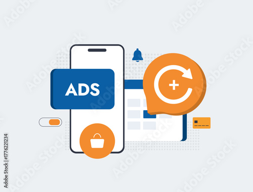 Hybrid monetization concept combining in-app purchases, application ads and subscriptions. Hybrid monetization improve revenue and user engagement in mobile business and digital economy illustration