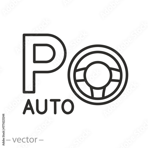auto park assist icon, parking autopilot, driving a car using ai, thin line symbol on white background - editable stroke vector illustration eps10