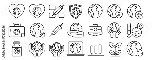 Line art icons showing global health and sustainability solutions for environmental awareness campaigns and medical breakthroughs worldwide