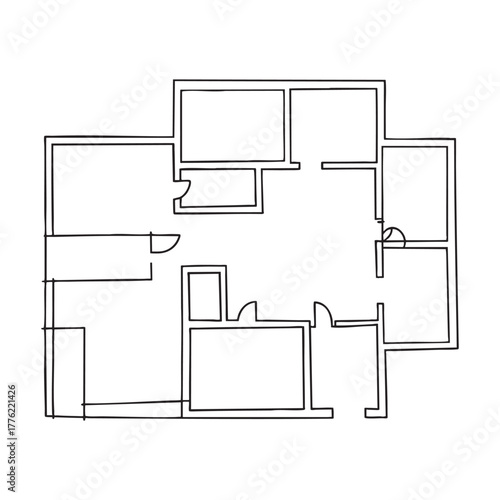 Hand drawn black and white floor plan outline of rooms and doorways blueprint house plan
