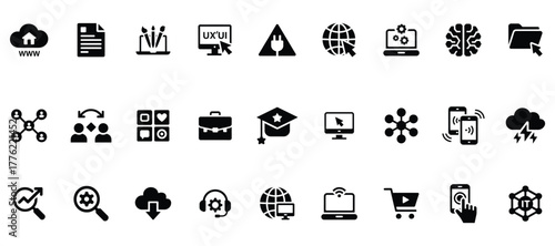Set of business and technology icons cloud, file, computer, globe, network