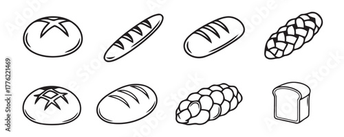 Collection of simple vector outline icons illustrating various types of fresh baked bread, including loaf, baguette, and braided challah