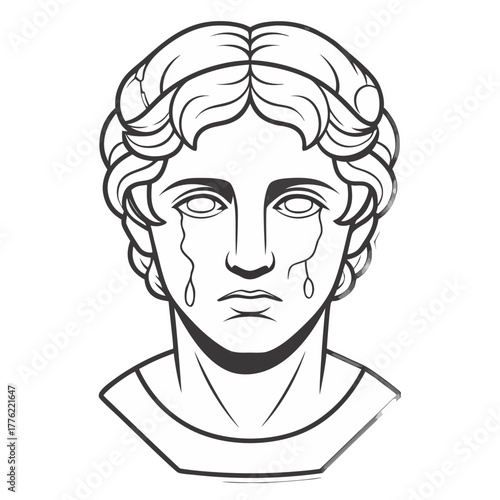 Monumental Tears: A stark depiction of a classic sculpture, capturing a melancholic figure with tears streaming down its face. A powerful representation of sorrow and emotion.