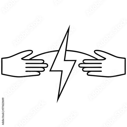 Collaboration in Electricity: Two hands reach towards a stylized lightning bolt, symbolizing the dynamic interplay between human effort and electrical power. This graphic suggests a connection.