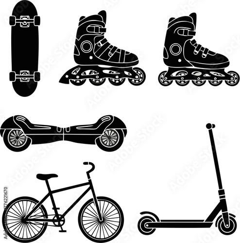Diverse black silhouette vector icons of personal mobility and recreation equipment skateboard, inline skates, bicycle, scooter, and hoverboard for design