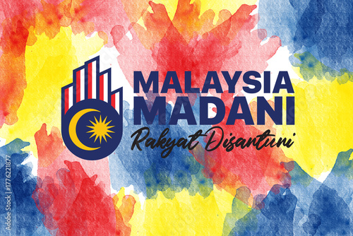 Creative Malaysia Madani artwork with red, yellow, and blue watercolor background. Symbolic design reflecting national unity, culture, and patriotism. Ideal for editorial or national celebration use.