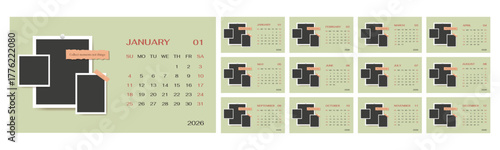 2026 minimalist photo calendar template with quote set of horizontal layout pages