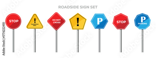 Set of road sign. Stop, parking, warning  traffic signs. street traffic and road signs vector set. Highway attention roadsign collection. Vector illustration.