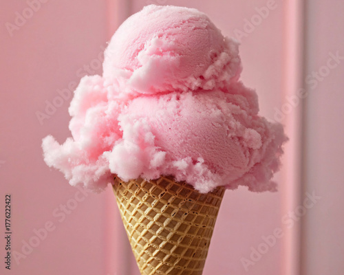 Pink Cotton Candy Ice Cream on Cone Against a Soft Pastel Background
