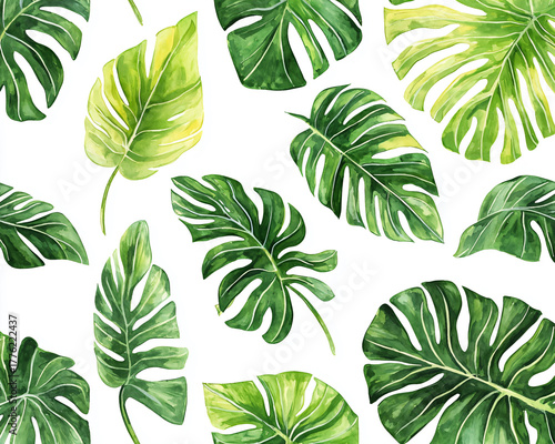 Tropical Greenery with Varied Leaves on White Background