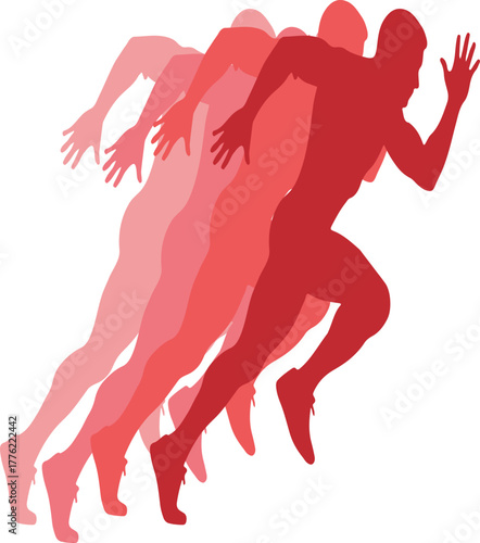 Dynamic red running man silhouette graphic demonstrating speed, velocity, and motion, isolated