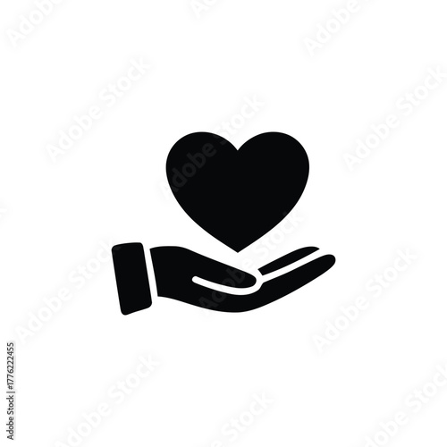 Illustration of a hand holding a heart, simple black icon for love and care