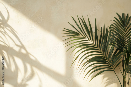 Soft Natural Light on Tropical Palm Leaves Against Neutral Wall