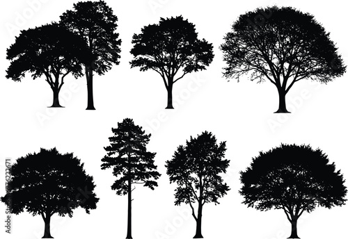 Black tree silhouette vector set, isolated deciduous tree shapes, natural forest elements for landscape design, park and woodland illustration, environmental concept art