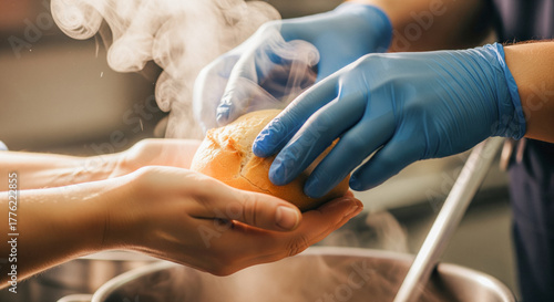Close up volunteer hands offering fresh bread roll to needy person in community kitchen compassion kindness social support food aid stainless pot background warm steam soft light copy space
