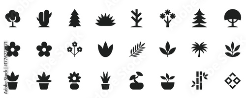 Explore a diverse collection of tree and plant icons perfect for botanical designs, nature illustrations, and eco-friendly projects with a modern style