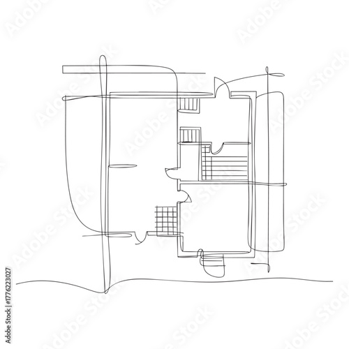 Single line drawing of a house floor plan with stairs and rooms building architecture