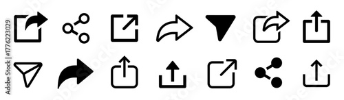 Share icon set. Share web buttons. Link, share arrow, send to friend, social media, distribute, button, web site - stock vector.