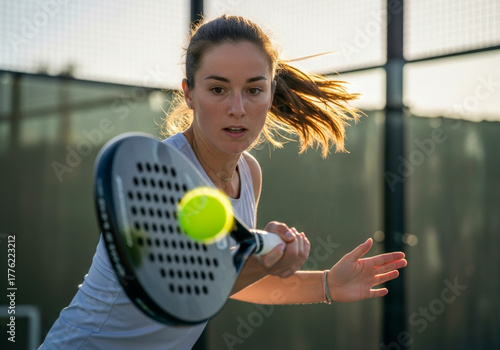 Focused female athlete playing padel tennis, hitting ball with racket during match, dynamic sports action shot at outdoor court