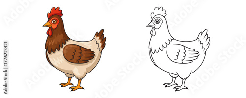 Vector illustration showing a cute farm chicken hen character with brown and white feathers in full color and as a black outline drawing