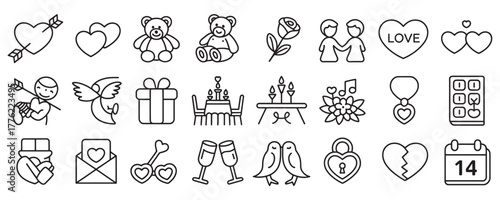 Elegant Valentine's Day line art icons creating a romantic and loving atmosphere for designs and promotions during the season of love