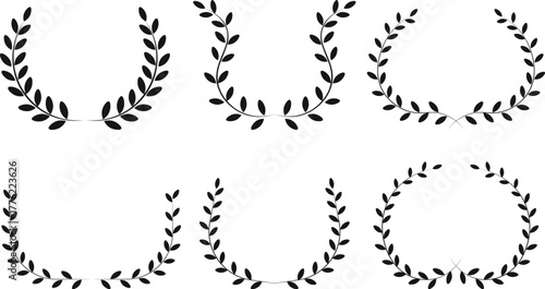 A set of black laurel wreath vector icons symbolizing victory and achievement, ideal for logo design elements, awards or certificates.