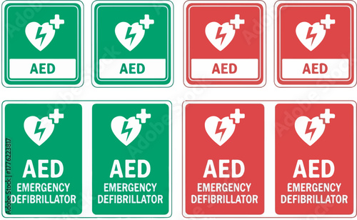 AED Emergency Defibrillator safety sign and icon set in red and green vector graphics