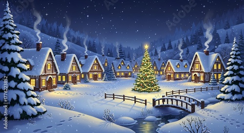 A snowy Christmas village scene with a decorated tree and cozy houses.